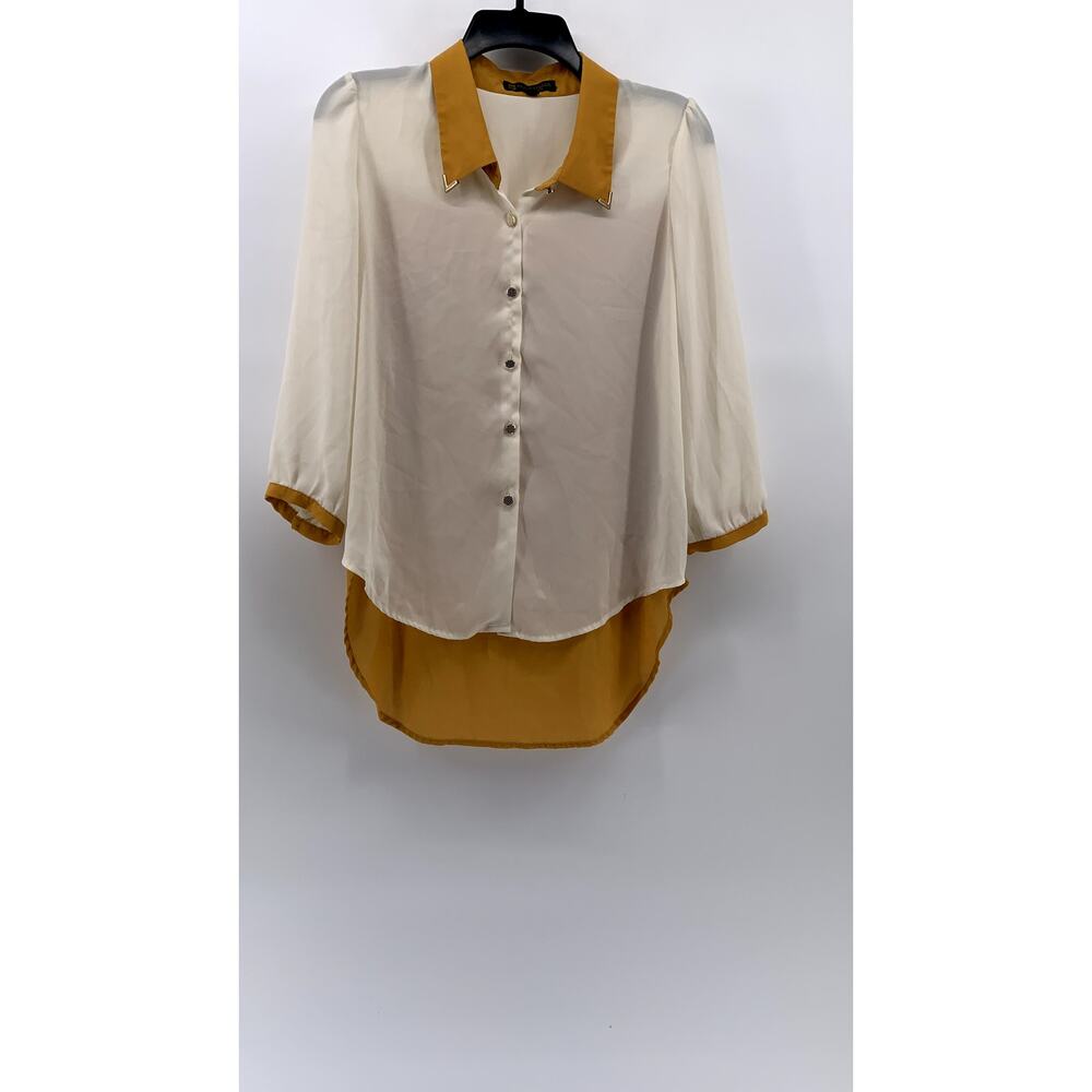 LA CHAPELLE SPORT Women's Tan-White Sheer Button-Up Top SZ 40(US8)